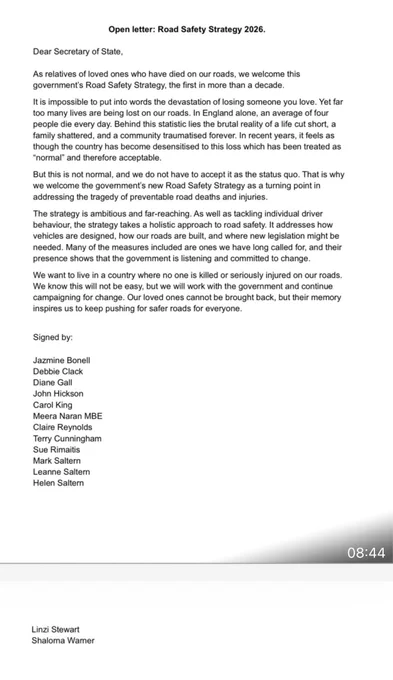 Open letter from a number of bereaved families welcoming the government’s new Road Safety Strategy