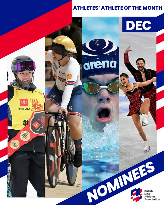 A graphic showing the Athletes' Athlete of the Month nominees. Photos L-R: Zoe Atkin, Sophie Capewell, Bruce Dee, Lilah Fear and Lewis Gibson.