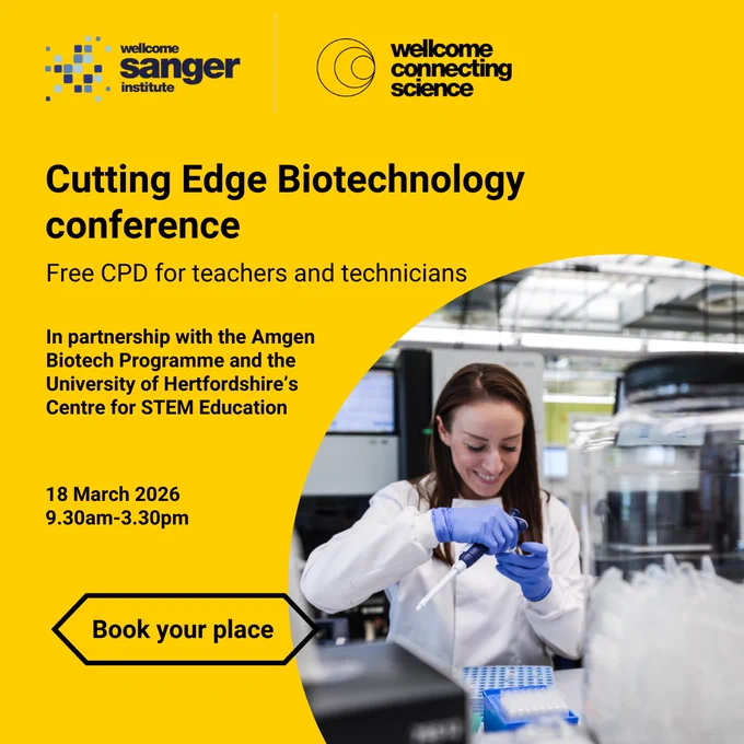 Cutting Edge Biotechnology conference for teachers and technicians, 18 March 2026, with a smiling scientist pipetting in a lab. Event details and 'Book your place' button on yellow background.