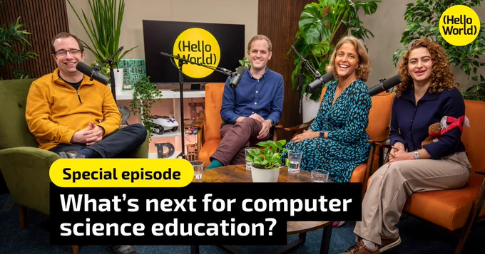 Four people seated in a studio setting discussing the future of computer science education for a Hello World podcast episode.