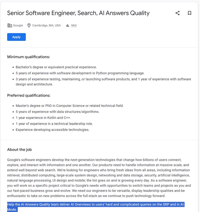 Google JD for ai answers engineer