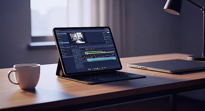 A hyper-realistic, cinematic photograph of a high-tech modern workspace. In the center, a sleek ultra-thin tablet stands on a minimalist walnut desk, displaying a complex video editing timeline or financial dashboard. The screen glows brightly, contrasting with the moody, "Golden Hour" lighting streaming through a nearby window. To the side, a cold cup of coffee and a forgotten, bulky closed laptop gathering dust. Depth of field is shallow, keeping the tablet sharp and the background soft. 8k resolution, architectural digest style.