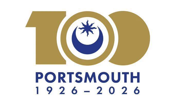 Logo with '100' in gold, with the middle '0' containing the star and crescent from Portsmouth's coat of arms. Underneath in blue text 'Portsmouth 1926-2026'.