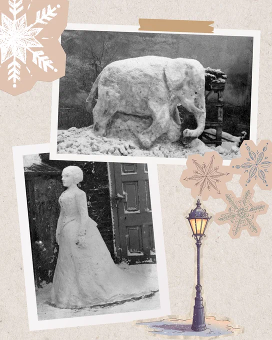 A collage featuring two black-and-white photographs of snow sculptures. The top photo shows a large elephant sculpted from snow, standing outdoors near a wall and some stacked objects. The bottom photo depicts a full-length figure in a long dress, also made of snow, positioned in front of a wooden door. The collage is decorated with beige and white snowflake illustrations and a vintage-style streetlamp graphic at the bottom right.