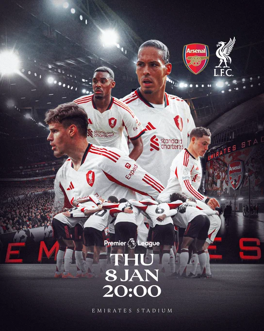A matchday graphic for our fixture with Arsenal, featuring Ryan Gravenberch, Virgil van Dijk, Milos Kerkez and Florian Wirtz.

Fixture details:
Arsenal v Liverpool
Thursday 8th January 
20:00
Emirates Stadium 