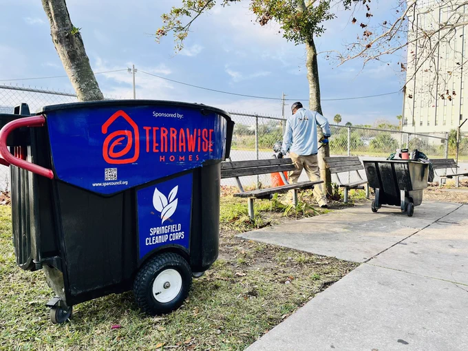A bin that’s says Springfield clean up corps on it