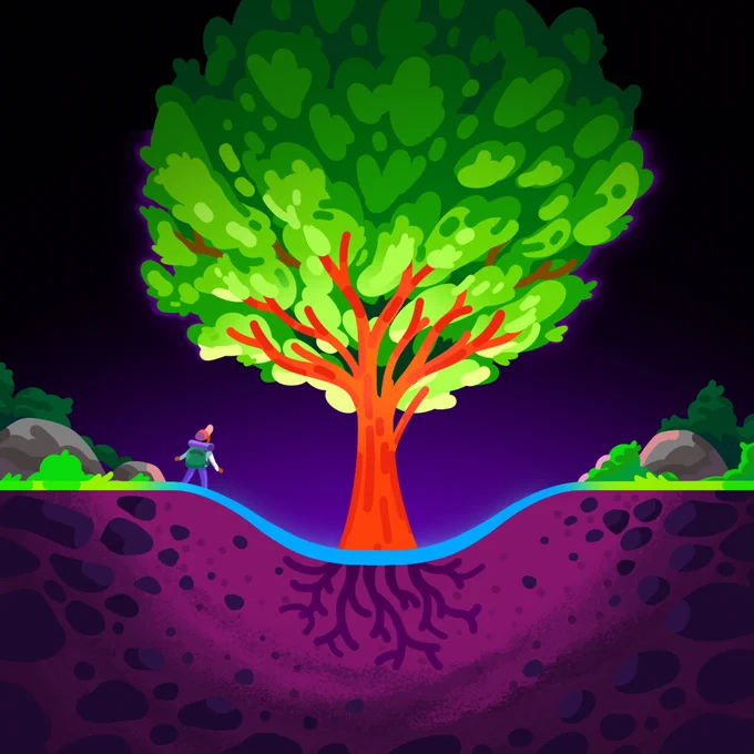 An illustration of a large tree with a person standing and looking at it nearby for scale. There are rocks and bushes further away from the tree and roots reaching deep underground.