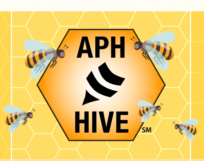 Hexagonal logo with "APH HIVE" text, surrounded by five flying bees. Bees and hexagon are set against a yellow honeycomb background.  APH is the American Printing House for the Blind