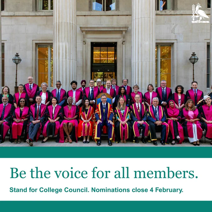 Group photograph of College Council members in ceremonial robes outside the Royal College of Surgeons of England, with text reading “Be the voice for all members. Stand for College Council. Nominations close 4 February.”