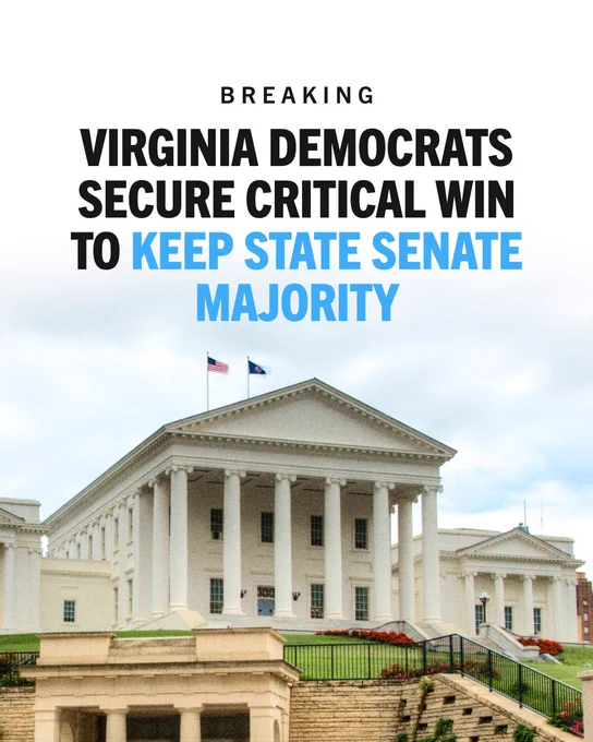 A photo of the Virginia State Capitol with text that reads, "Breaking: Virginia Democrats secure critical win to keep senate state majority."