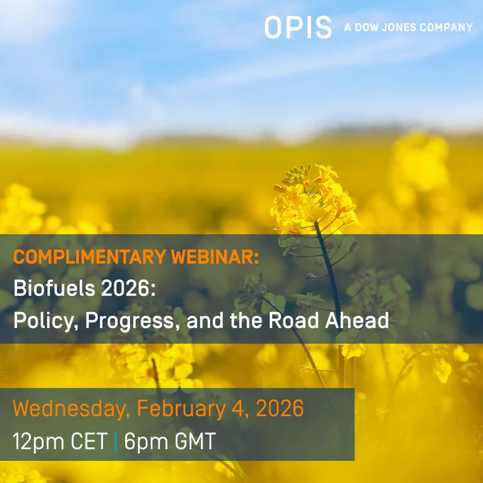 Promotional image for an OPIS webinar titled "Biofuels 2026: and the Road Ahead" set against a blurry background of yellow flowers. Event details include: February 4, 2026, at 12pm CET, 6pm GMT.