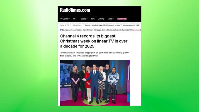On a green background it shows a snapshot of the Radio Times article which has the headline Channel 4 records its biggest Christmas week on linear TV in over a decade for 2025. Beneath is then a picture from 8 out of 10 Cats Does Countdown.
