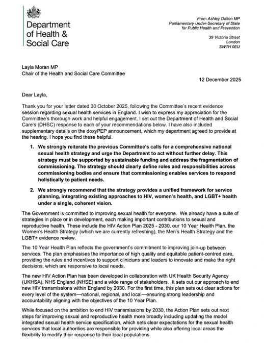 A letter to the Health and Social Care Committee from the Department of Health and Social Care, responding to the letter sent by the Committee regarding its recent evidence session on sexual health services in England. Read the letter in full: https://committees.parliament.uk/publications/50965/documents/282267/default/
