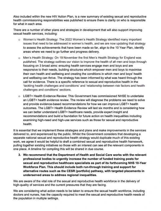 A letter to the Health and Social Care Committee from the Department of Health and Social Care, responding to the letter sent by the Committee regarding its recent evidence session on sexual health services in England. Read the letter in full: https://committees.parliament.uk/publications/50965/documents/282267/default/
