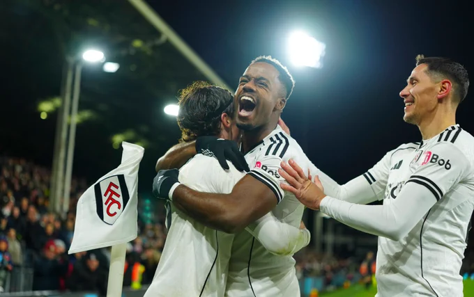 Harry Wilson, Ryan Sessegnon and Saša Lukić celebrate the winning goal against Chelsea.