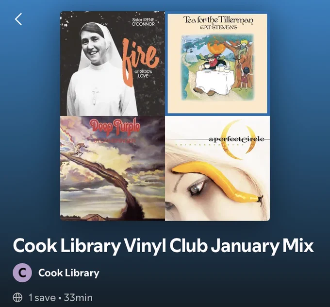 Screenshot of the Cook Library Vinyl Club January Mix playlist on Spotify.