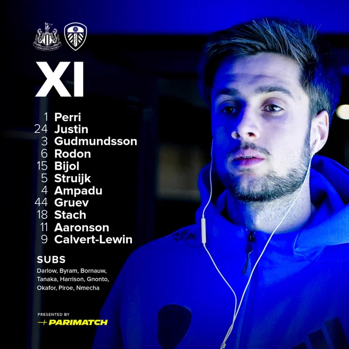Starting XI: Perri, Justin, Gudmundsson, Rodon, Bijol, Struijk, Ampadu, Gruev, Stach, Aaronson, Calvert-Lewin
