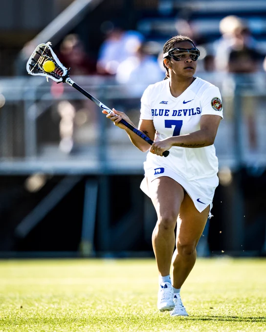 Duke women’s lacrosse student-athlete Sydney Smith in action with her lacrosse stick during match at Freeman Field at Koskinen Stadium. 
