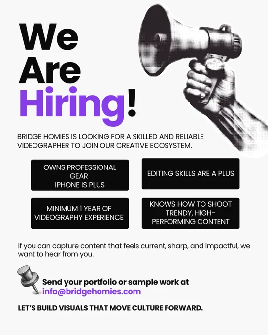 We are hiring a videographer.

If you have your own gear or a capable iPhone, know how to shoot clean, trendy content, and move fast in dynamic settings, this is for you.

Minimum one year experience preferred. Editing skills are a plus.

Professionalism, trust, and consistency matter to us.

Drop your portfolio or DM us to apply.
Let’s build content that stands out.