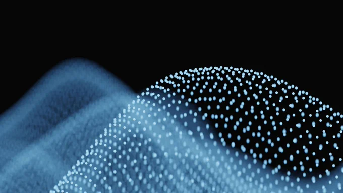 An abstract image of blue ways that are shaped by floating blue dots.