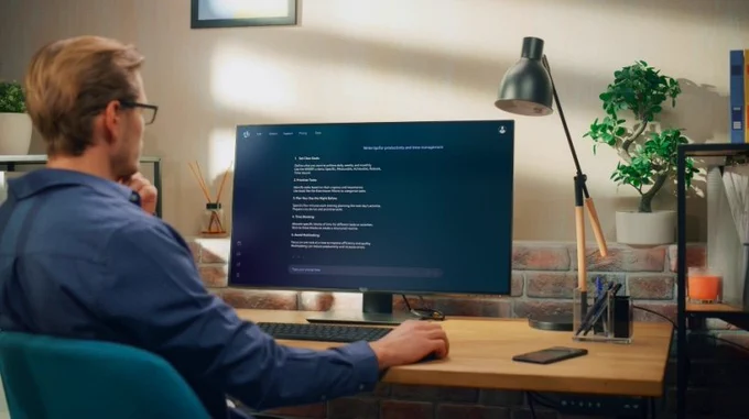 Man in glasses working on a desktop computer displaying code in a cozy home office with plants and a desk lamp.