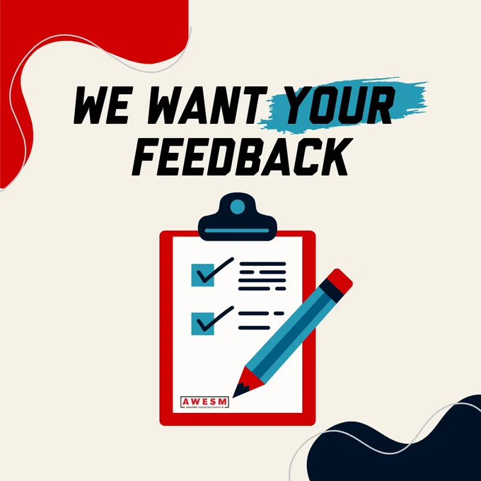 Graphic of a clip board with pencil. Text reads, "We want your feedback."