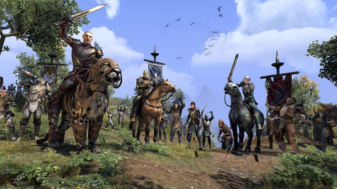 Warriors and adventureres alike from across the three Cyrodillic factions stand with swords raised in the air. 
