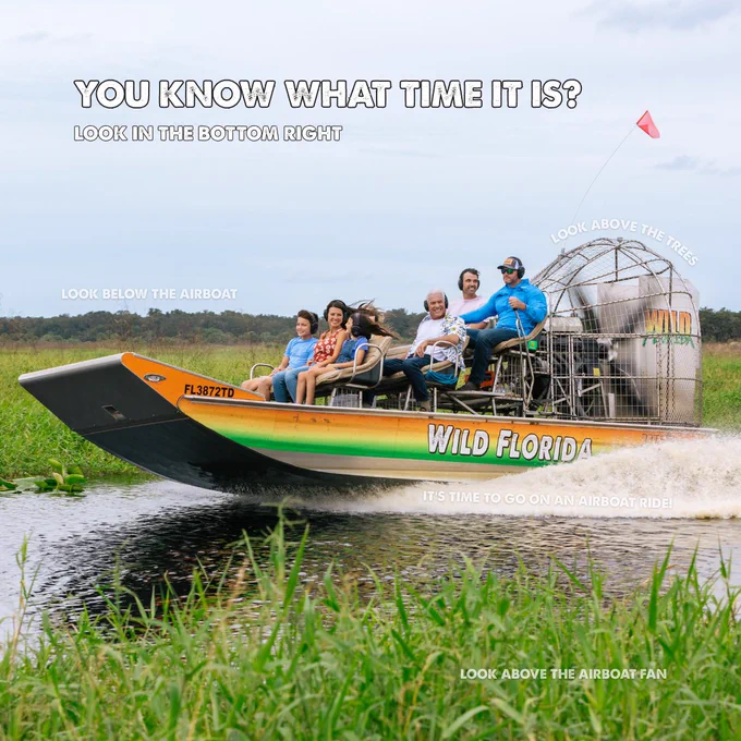 Photo of an airboat ride at Wild Florida Adventure Park, the airboat ride is full of people enjoying the tour.