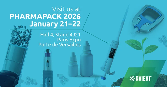 Promotional graphic with healthcare packaging materials and the Avient logo. Text promoting Avient's upcoming exhibit at Pharmapack 2026.