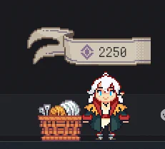 This image shows a basket with yarn and knitting needles, sitting on the ground to the left of Avia, a witch in the game Familiar Findings. Avia has white hair, blue eyes and pointed ears. The basket looks weaved, and the yarn is orange and white. The colours of the yarn match the fur of Ailurus, a red panda like familiar from the game.