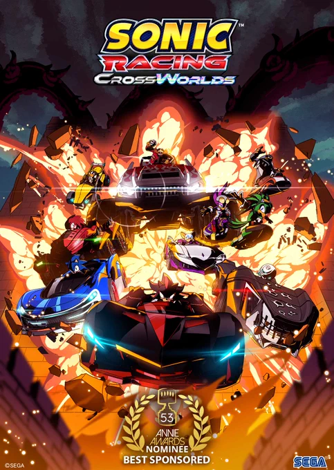 Promotional image of Sonic Racing: CrossWorlds - The Animation. 53rd Annie Awards Nominee. Best Sponsored. Image features, Shadow the Hedgehog, Sonic, Tails, Knuckles, Dr. Eggman, Sage, Jet the Hawk, Wave the Swallow, and Storm the Albatross in their respective vehicles as a dramatic explosion erupts behind them. It's very cool.