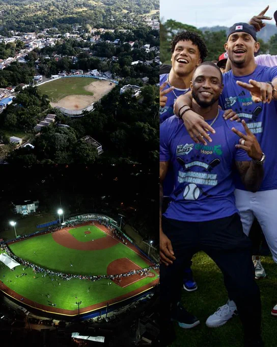 Left side: A before and after picture of a baseball complex in Loma de Cabrera in the Dominican Republic.
Right side: Julio Rodríguez, Juan Soto and Victor Robles pose for a photo. They are wearing purple t-shirts.