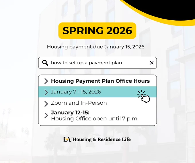 Spring 2026 housing payment due January 15, 2026, with Housing Payment Plan Office Hours available January 7–15 via Zoom and in person, and extended office hours until 7 p.m. January 12–15.