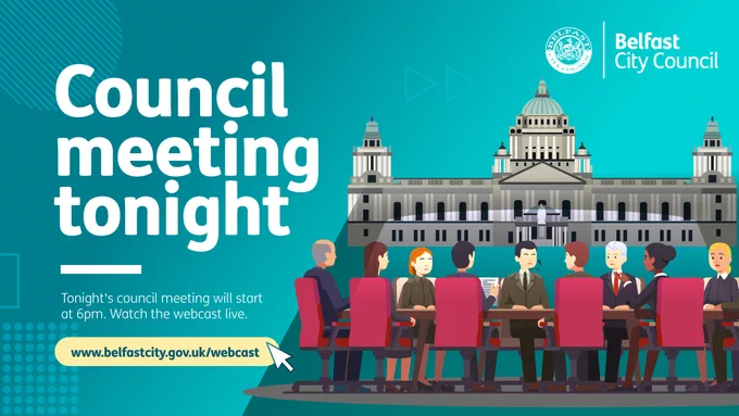 Illustration of a council meeting with diverse members seated around a table in front of Belfast City Hall, announcing tonight's meeting at 6pm.