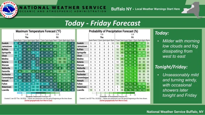 Graphics of temperature and precipitation for Today through Friday.