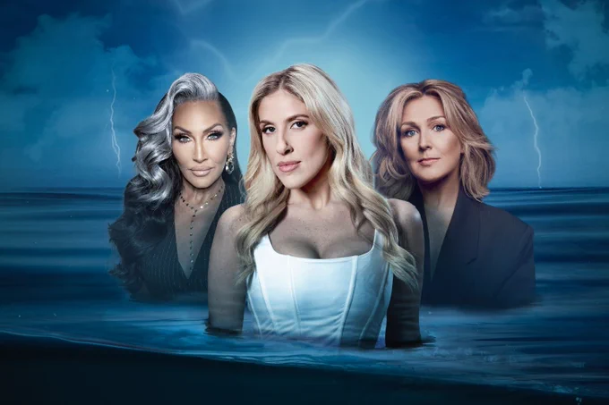 A photo showing three headshots of performers semi-submerged in water 