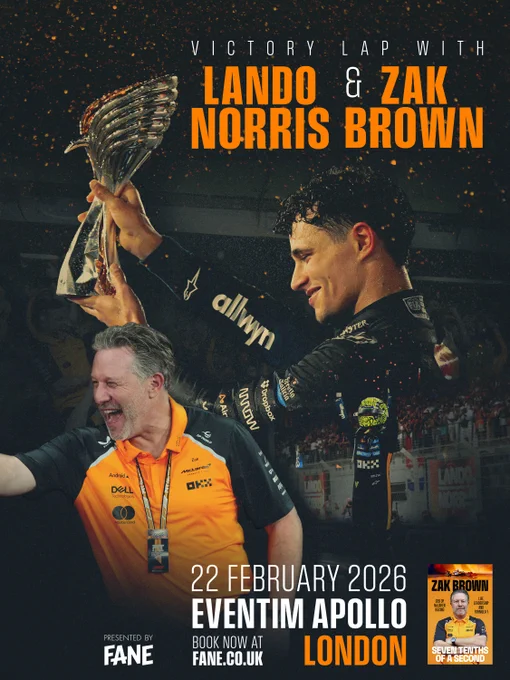 Promotional poster for 'Victory Lap with Lando Norris & Zak Brown' event on 22 February 2026 at Eventim Apollo, London, featuring Lando and Zak celebrating with a trophy,  a confetti effect in the air, in front of a dark background.