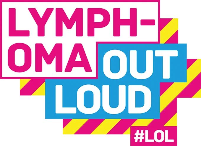 Lymphoma Out Loud logo, featuring bright pink lettering and pink and yellow stripes.