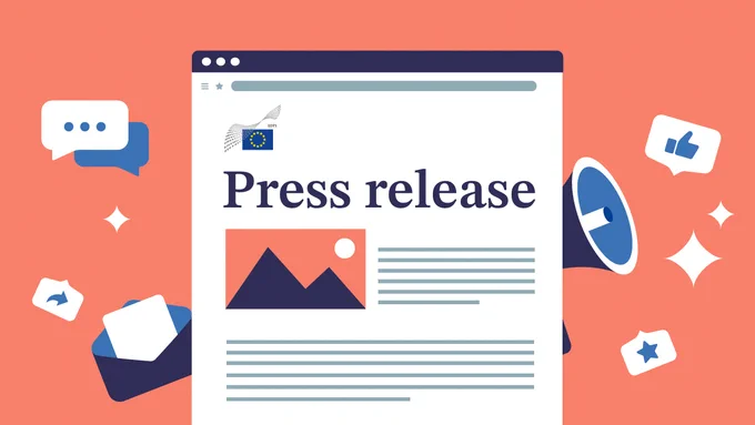 Illustration of a web page titled “Press release” with a headline, image placeholder, and text lines, surrounded by icons for comments, likes, sharing, email, and a megaphone on an orange background.