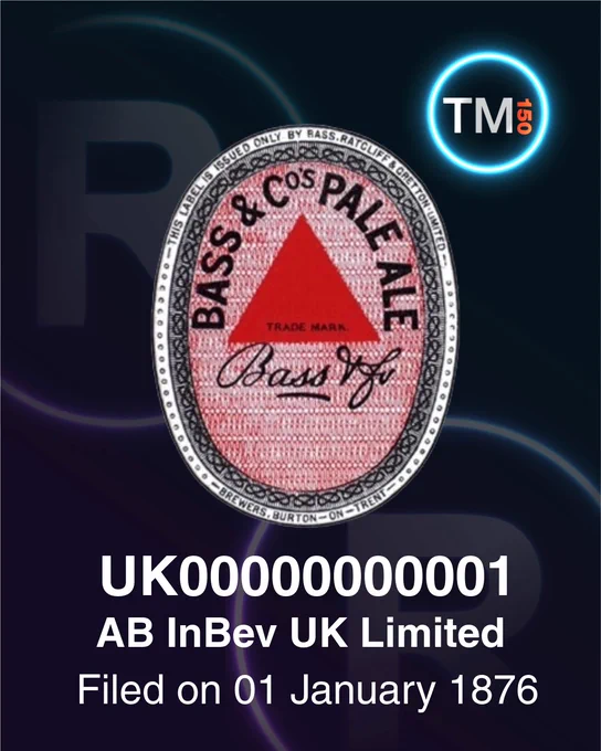 Image reads AB InBev UK Limited, Filed on 01 January 1876, UK00000000001. It shows an image of the trade mark on a background that shows the registered R symbol, with a logo TM150