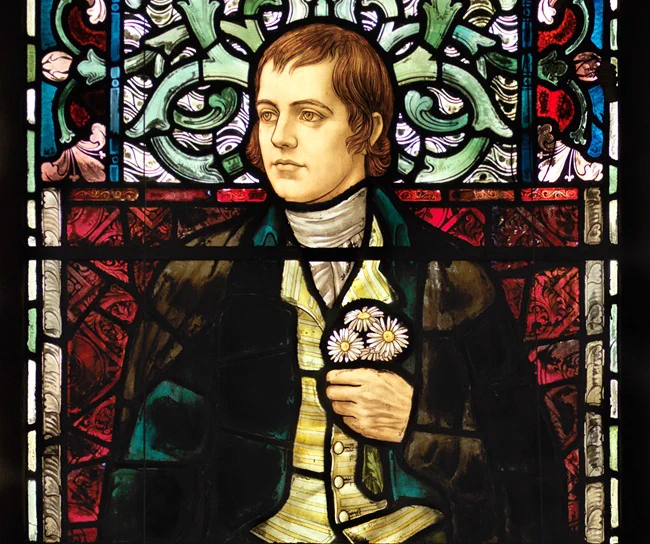 A stained glass image of Robert Burns holding a posy of daisies