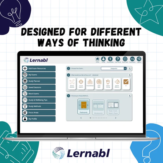 Image description: The header text reads “Designed for different ways of thinking,” with a laptop mock-up displaying the Lernabl homepage.