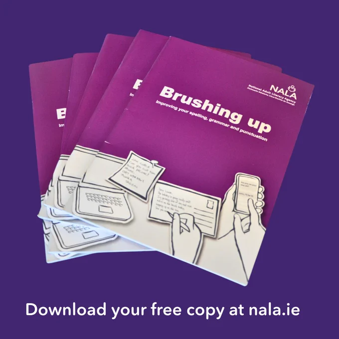 Stack of purple booklets titled 'Brushing up' focused on improving spelling, grammar, and punctuation by the National Adult Literacy Agency.