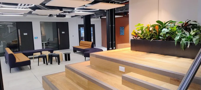 Big steps in the ground floor area of the Education Centre. Soft seating, stools and ceiling sound baffles can also be seen in this social area of the building. There are also plants in the foreground.