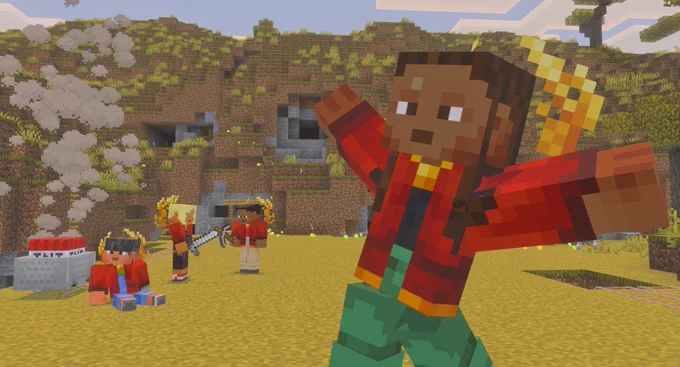 In-game shot of a few minecraft players relaxing and celebrating wearing the brand-new Victor’s Coat Character Creator item!