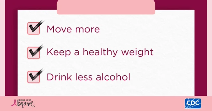Pink graphic showing a checklist on a clipboard: “Move more. Keep a healthy weight. Drink less alcohol.” All options have checkmarks in the boxes next to them. 