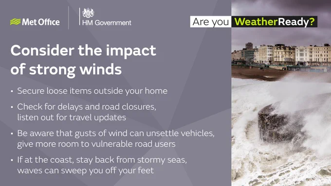 Are you WeatherReady?
Consider the impact of strong winds
Secure loose items outside your home
Check for delays and road closures, listen out for travel updates
Be aware that gusts of wind can unsettle vehicles, give more room to vulnerable road users
If at the coast, stay back from stormy seas, waves can sweep you off your feet