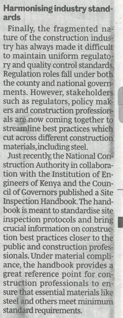Daily Nation magazine article (30th October 2025) discussing the role of the Site Inspection Handbook in Kenya’s construction sector.