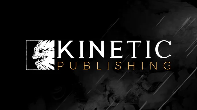 An image featuring the Kinetic Publishing logo. It is similar to the Kinetic Games logo, however the word 'Publishing' is gold instead of white, and the skull icon is a slightly different design.