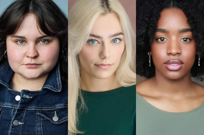 A photo showing three headshots of performers adopting neutral expressions 